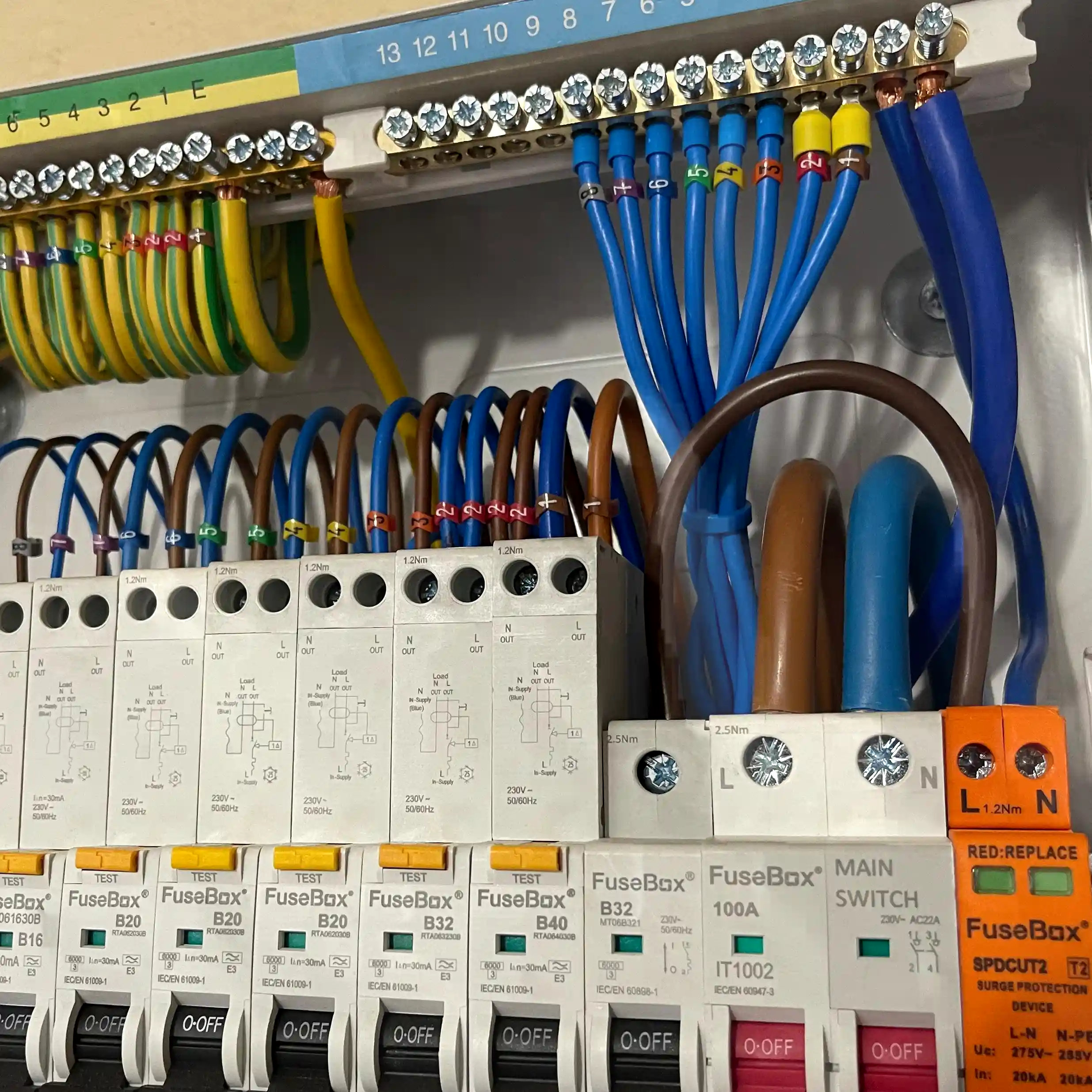 Photo of a fusebox with clean wiring.